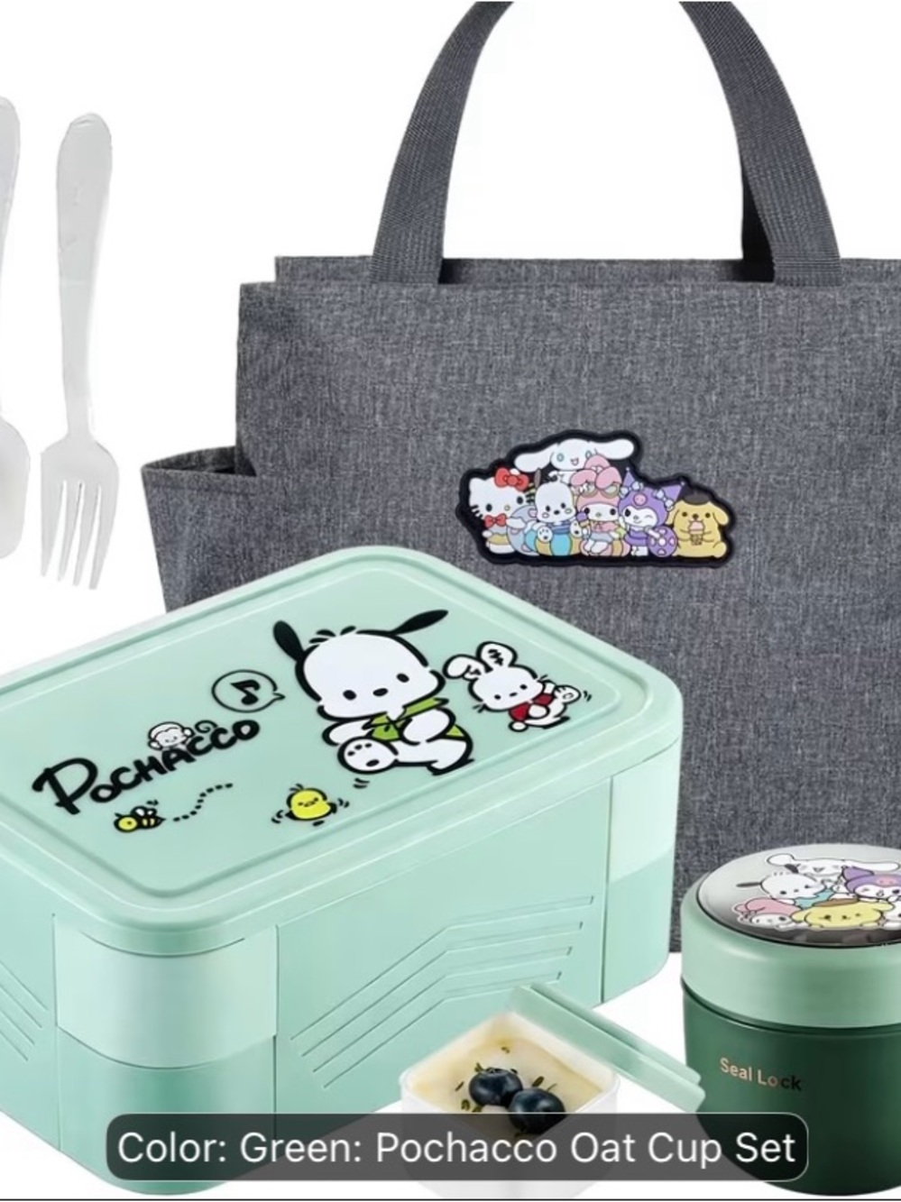 Sanrio Pochacco Mint Green Bento Set with Gray Tote